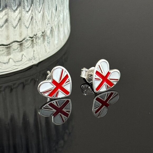 England Heart Earrings S925 Sterling Silver Handmade Ear Stud - Picture 3 of 5